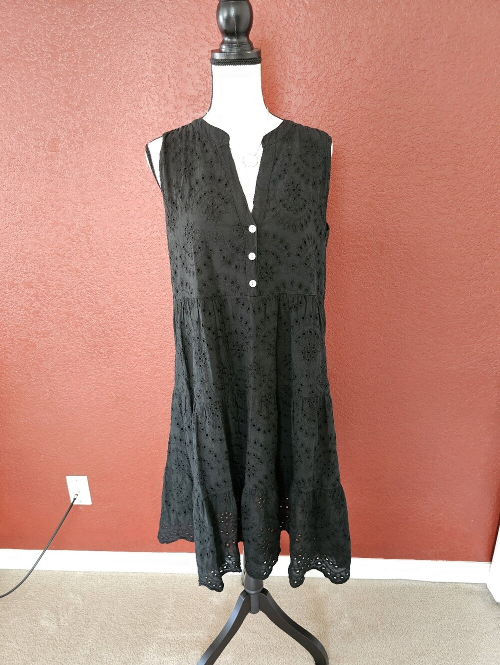 Sleeveless Black Eyelet Tiered Midi Dress